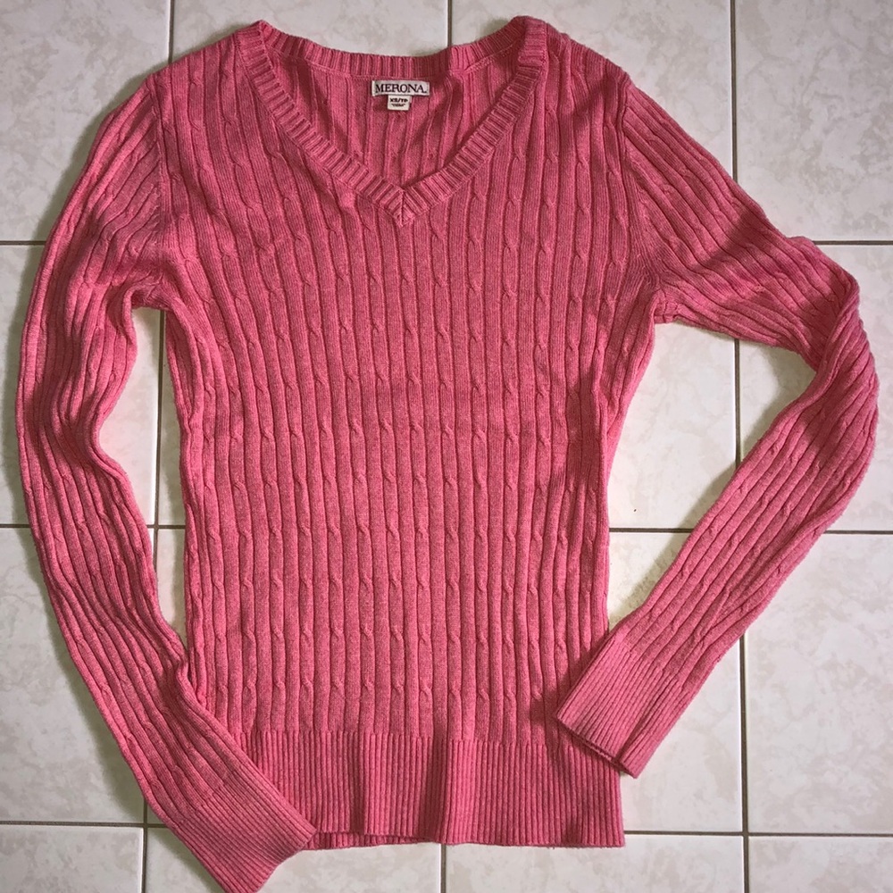 Salmon Cable Knit V Neck Sweater XS